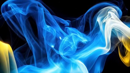 Poster - Abstract fluid motion illustration with flowing swirls of vibrant golden yellow and light sky blue against a stark black backdrop