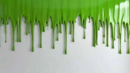 Poster - Vibrant green paint dripping artfully down a stark white interior wall, creating abstract patterns and a contemporary, minimalist aesthetic.