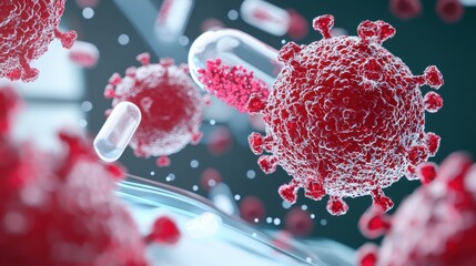 Poster - Detailed microscopic visualization showcasing the intricate structure of a virus providing a scientific and medical perspective on disease research and understanding