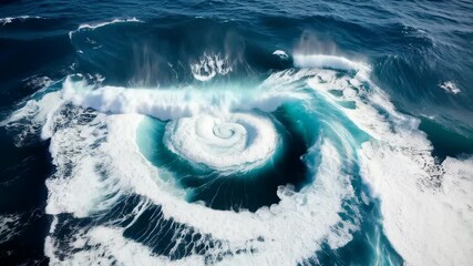 Poster - Aerial view of powerful whirlpool forming in deep blue ocean water with foamy white waves swirling in a spiral.