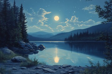  Serene Moonlit Lake: A Tranquil Night Landscape Painting
