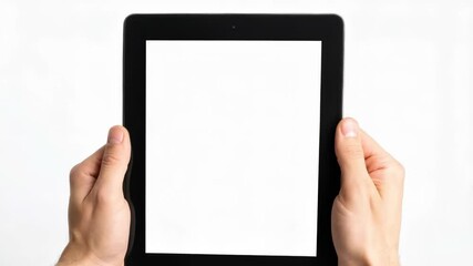 Poster - Hands holding a blank screen tablet computer on a white background for app, UI, and website design presentation