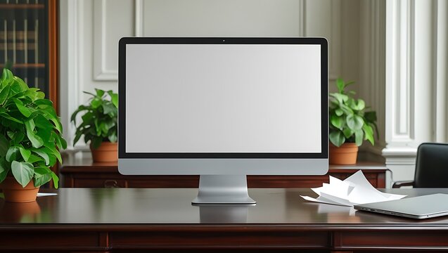 Modern Office Workspace Blank Computer Screen Mockup on Desk with Plants