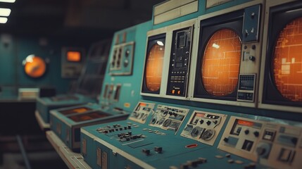 A retro-futuristic control room with old-school monitors and buttons
