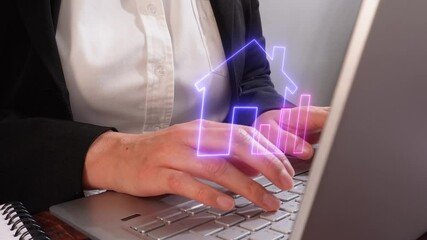 Poster - A person typing on their laptop with a holographic, glowing outline of a icon  house and graph growing from their fingertips, showing positive growth in the real estate business