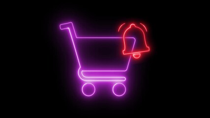 Aufkleber - Neon glowing animation of a shopping cart icon with a notification bell.