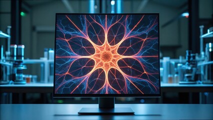 Poster - Colorful Neural Network Visualization on Computer Monitor Screen