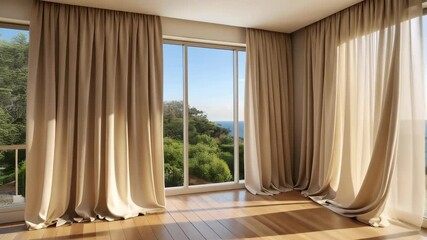 Poster - Bright interior space featuring large windows with flowing curtains and a view of lush green trees and the ocean against a clear blue sky.