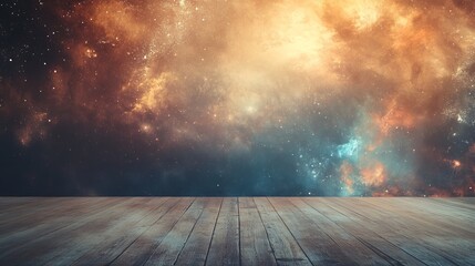 Wall Mural - Cosmic nebula backdrop with wooden floor