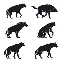 Fototapete - Silhouette set of hyenas in different poses against a white background illustration