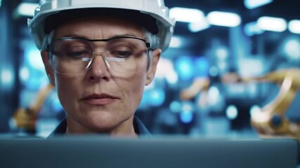 Poster - A Woman Wearing Hardhat and Glasses Working On Laptop with Robotic Arms In a Blue Industrial Factory Setting