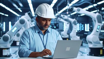 Poster - Engineer in White Hardhat Using Laptop in Robotic Assembly Manufacturing Factory With White Robotic Arms in the Background
