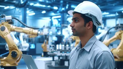 Poster - Engineer Observes Yellow Robotic Arms in Modern Blue Industrial Factory Setting Wearing Hardhat And Holding Tablet For Adobe Stock