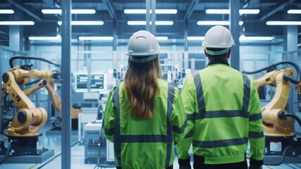 Poster - Engineers Inspecting Yellow Robotic Arms in Production Line Wearing White Helmets and Green Safety Jackets in White Factory Lighting