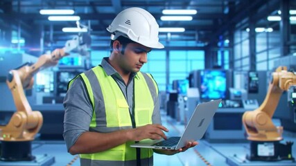 Poster - Factory Worker In Safety Vest Types On Laptop Surrounded By Orange Robotic Arms In Bright Blue Light