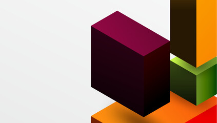 Aufkleber - Abstract geometric composition. Cubes overlap, creating depth. Warm colors dominate, with purple, orange, green hues. Minimalist design.