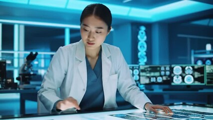 Poster - Female Scientist Works with Touchscreen Data in Blue Lit Research Lab with Microscope and Medical Scans