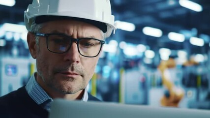 Poster - Focused Engineer in Hardhat Works on Laptop Near Robotic Arms in Blue Lit Industrial Factory With Advanced Machinery