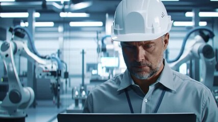 Poster - Focused Engineer in White Hardhat Working on Laptop in Modern Factory with Robotic Arms