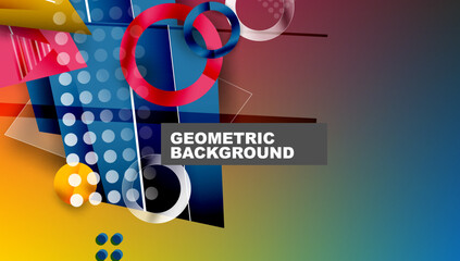 Poster - abstract geometric composition. vibrant colors blend, creating dynamic visual experience. shapes ove