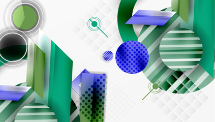 Poster - Abstract geometric composition. Green, blue hues dominate. Shapes overlap, creating dynamic visual effect. Modern design elements present.
