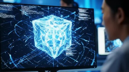Poster - Focused View Of Woman Viewing Blue Cube Pattern On Monitor With Digital Data Streams Displayed On Screen In Modern Technology Office