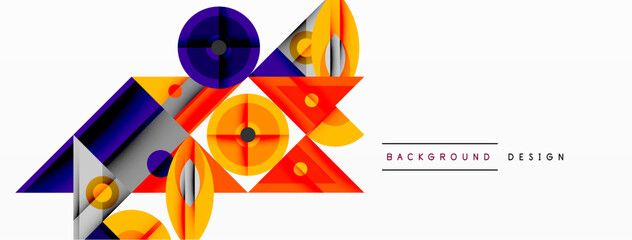 Fototapete - Abstract geometric shapes overlap, creating dynamic composition. Vivid colorsorange, blue, purplecontrast against white background. Modern design element.