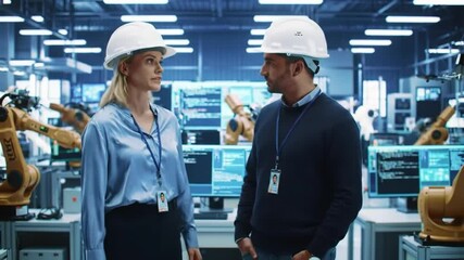 Poster - Man and Woman in Hard Hats Discussing Automation Process With Robot Arms and Advanced Technology in Modern Factory Interior