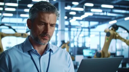 Poster - Middle Aged Man with Laptop in Blue Shirt Inspecting Robotics Factory Automation