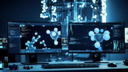 Poster - Molecular Modeling Software on Dual Monitors in Dark Blue Laboratory Setting