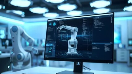 Poster - Robotic Arm Design on Monitor in Brightly Lit White Laboratory with Physical Robot Arms and Blue Visual Elements