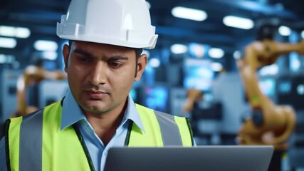 Poster - Serious Engineer Uses Laptop With Robotics in Blue Factory With Hard Hat and Yellow Vest At Industrial Manufacturing Automation Precision