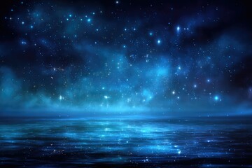 a serene nightscape depicting a tranquil body of water reflecting a starlit sky, the water appearing