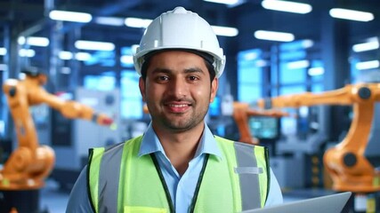 Poster - Smiling Engineer Holds Laptop in Automated Factory with Orange Robotic Arms in White Helmet and Safety Vest