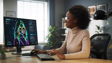 Poster - Smiling Woman Works at Computer in Modern Office with Neon Avatar Displayed