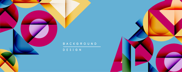 Poster - Abstract geometric shapes overlap, creating vibrant composition. Blue background highlights magenta, yellow, dark blue elements. Modern design suggests depth, dynamism.