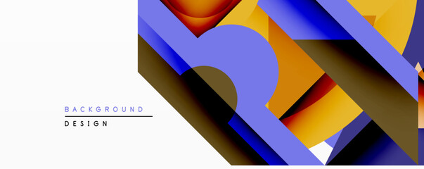 Poster - Abstract geometric composition. Overlapping layers create depth, utilizing vibrant orange, blue, brown hues. Modern design element for backgrounds, presentations.