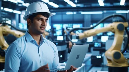 Poster - Young Engineer Using Laptop in Bright Modern Factory with Robotic Arms Wearing White Hardhat and Blue Shirt With Technical Equipment