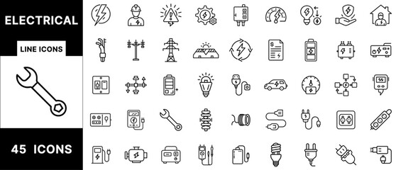 Poster - Electrical and Energy Line Icons Bundle Featuring Power Supply, Solar Panel, Battery, Cable, Circuit, Charger, Light Bulb, Socket, and Tools