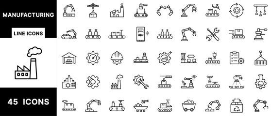 Poster - Manufacturing Line Icon Pack Featuring Robotic Arms, Conveyor Belts, Factories, Engineers, Gears, Warehouses, Tools, Automation, Production Lines, and Logistics
