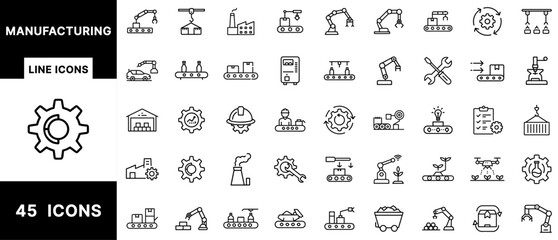 Poster - Manufacturing Line Icon Pack Featuring Robotic Arms, Conveyor Belts, Factories, Engineers, Gears, Warehouses, Tools, Automation, Production Lines, and Logistics