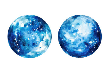 Wall Mural - Watercolor Painting of Blue Planets with Galaxy Texture and Starry Space Effect Isolated on Transparent Background