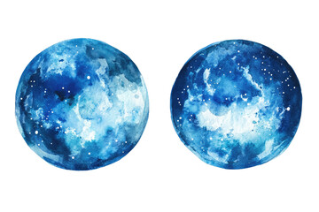 Wall Mural - Watercolor Painting of Blue Planets with Galaxy Texture and Starry Space Effect Isolated on Transparent Background
