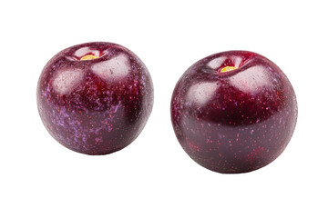 Poster - Two glossy, dark-red plums, nearly identical, shown against a pure white background