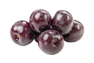 Poster - Five dark-red plums, slightly mottled, clustered together on a white background.  They appear ripe and juicy