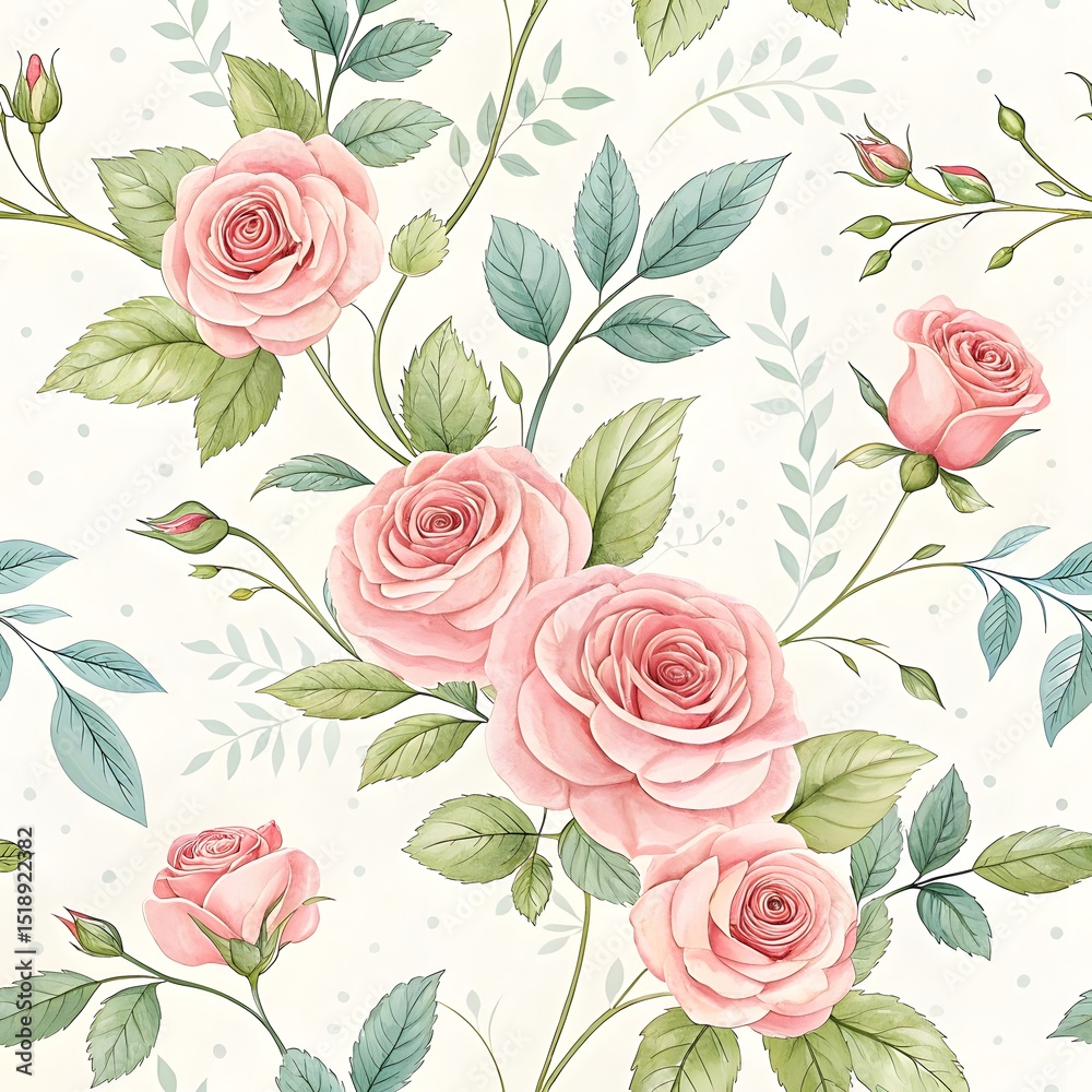 "Seamless floral pattern with soft pink roses and green leaves on a ...