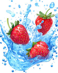 Poster - Three ripe strawberries splashing into cool, clear water, creating a vibrant, dynamic scene with water droplets and splashes