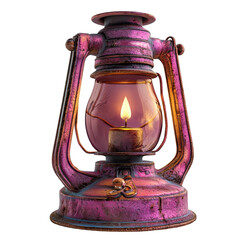 Poster - A weathered, purple metal oil lantern with a glowing flame inside, showing signs of age and wear