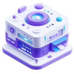 Poster - Isometric illustration of a futuristic, cube-shaped device with various technological components and a central spinning disc, rendered in shades of purple and white