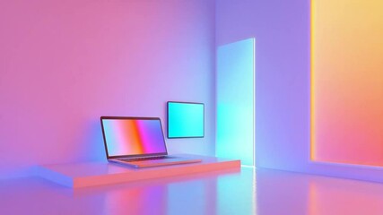 Poster - Creative Workspace with Laptop, Monitor and Neon Light in a Minimalist Setting